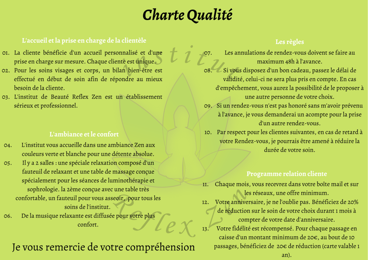 Charte qualité  Institut de Beauté Reflex Zen